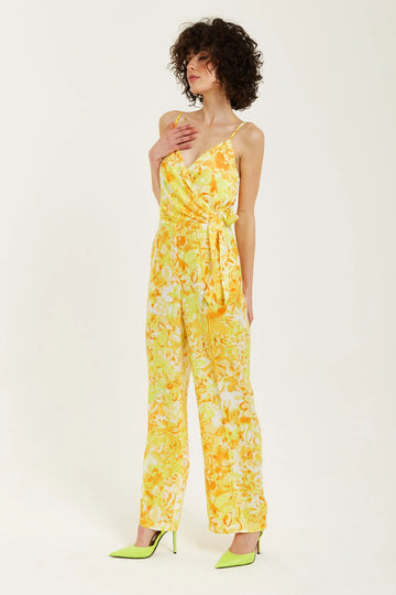 Yellow And Orange Floral Print V-neck Jumpsuit Liquorish